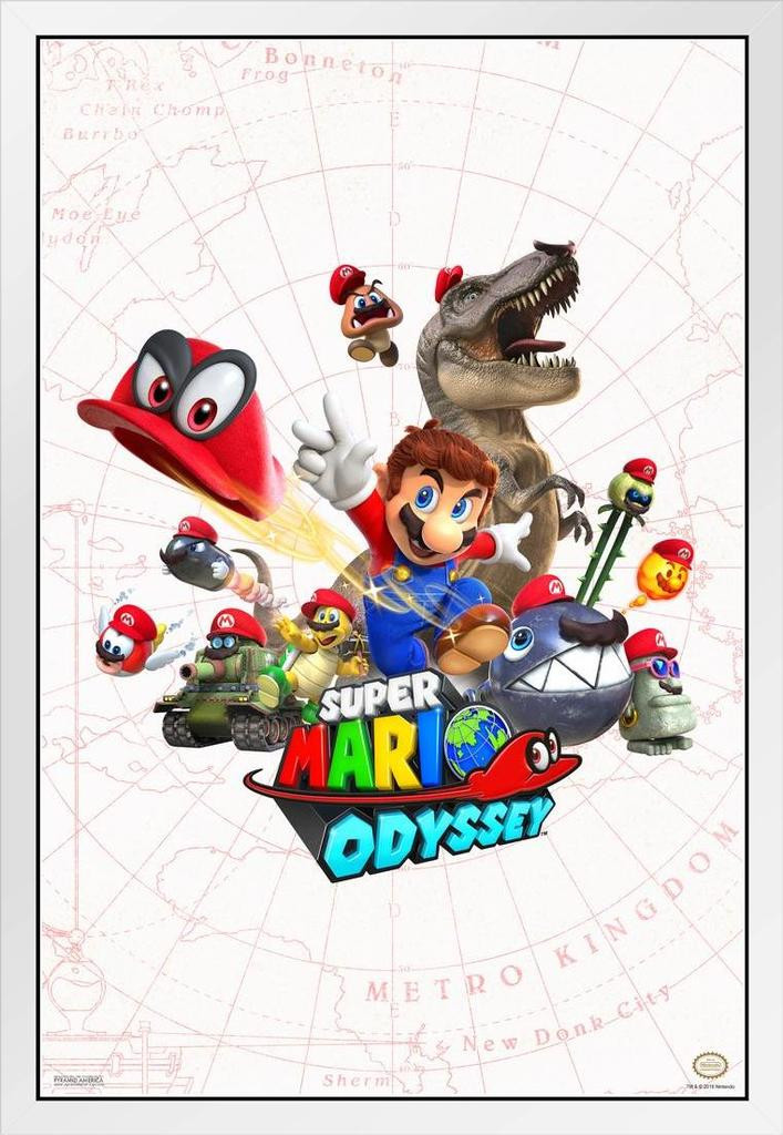 Super Mario Odyssey Map Video Game Gaming White Wood Framed Poster