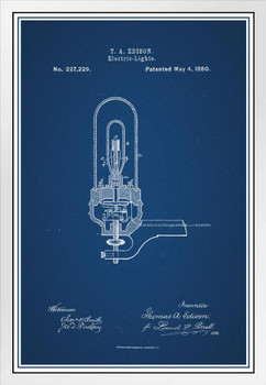 Thomas Edison Electric Light Bulb 1880 Official Patent Blueprint Diagram Filament Bulb Science Engineering Math Educational Sign Decoration White Wood Framed Art Poster 14x20