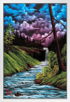 Bob Ross Black Waterfall Art Print Painting White Wood Framed Poster 14x20