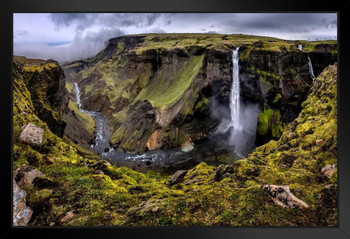 Haifoss Waterfall In Iceland Cloudy Scenic Photo Photograph Art Print Stand or Hang Wood Frame Display Poster Print 13x9