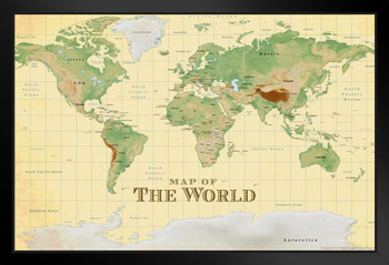 ProMaps Map of the World Vintage Style Travel World Map with Cities in Detail Map Posters Wall Map Art Wall Decor Geographical Illustration Travel Destination Stand or Hang Wood Frame Display 9x13