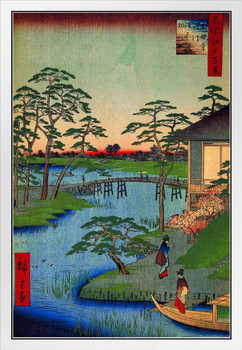Utagawa Hiroshige Mokuboji Temple Japanese Art Poster Traditional Japanese Wall Decor Hiroshige Woodblock Landscape Artwork Animal Nature Asian Print Decor White Wood Framed Art Poster 14x20