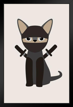 Ninja Cat Cute Funny Hooded Feline Warrior Black Camouflage Outfit with Swords Art Print Stand or Hang Wood Frame Display Poster Print 9x13