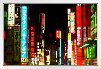 Neon Signs in Shinjuku Ward Tokyo Japan Photo Photograph White Wood Framed Poster 20x14