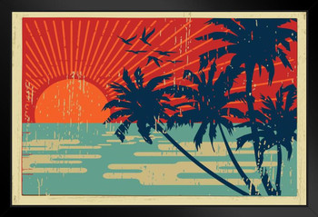 Tropical Island Palm Trees Sunset Vintage Postcard Art Print Stand or Hang Wood Frame Display Poster Print 13x9