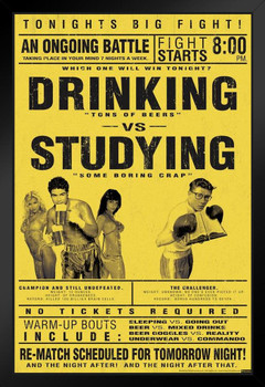 Drinking vs. Studying Fight College Dorm Room Drink Party Mock Boxing Match Parody Funny Educational Stand or Hang Wood Frame Display 9x13