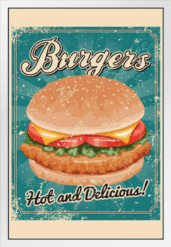 Burgers Hot and Delicious Retro White Wood Framed Poster 14x20