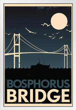 Bosphorus Bridge Istanbul Retro Travel Art White Wood Framed Art Poster 14x20