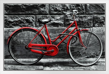 Retro Vintage Red Bike Leaning Against Block Wall Black And White Photo b&w bicycle old fashioned cycle tricycle chain pedal transportation stone brick White Wood Framed Art Poster 20x14