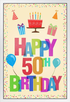 Happy 50th Birthday Party Decoration Light White Wood Framed Poster 14x20