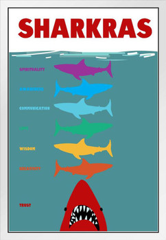 Sharkras Shark Chakras Funny Humor Shark Posters For Walls Shark Pictures Cool Sharks Of The World Poster Shark Wall Decor Ocean Poster Parody Art Print White Wood Framed Art Poster 14x20