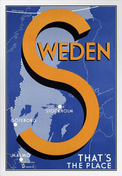 Sweden Thats The Place Retro Travel White Wood Framed Poster 14x20