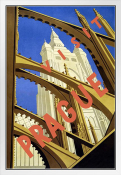 Visit Prague Retro Travel White Wood Framed Poster 14x20