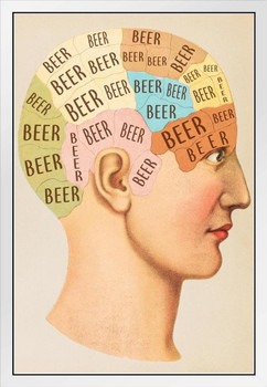 Beer Phrenology Head Funny Drinking White Wood Framed Poster 14x20