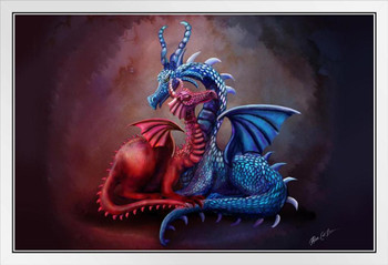 Blue Red Cuddling Dragons In Cave Nest by Rose Khan Fantasy Poster Dragon Love White Wood Framed Art Poster 14x20
