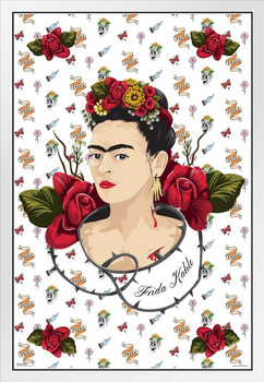 Frida Kahlo Skull Background Self Portrait Face Painting Feminist Feminism Painter Colorful White Wood Framed Art Poster 14x20