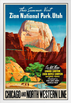Visit Zion National Park Utah Grand Canyon Bryce Horseback Riders Illustration Western United States Vintage Railroad Travel White Wood Framed Poster 14x20