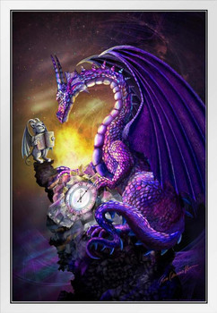 Purple Time Dragon with Gargoyle Friend by Rose Khan Poster Fantasy Clock Cosmos Shiny Scales White Wood Framed Art Poster 14x20