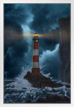 Unbreakable Lighthouse Stormy Seas by Vincent Hie Nature White Wood Framed Poster 14x20