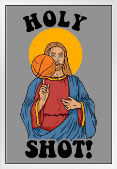 Holy Shot! Basketball Jesus Funny White Wood Framed Poster 14x20