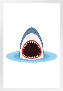 Shark With Open Mouth Coming Out Of Water Illustration Jaws Shark Posters For Walls Shark Pictures Cool Sharks Of The World Poster Shark Wall Decor Art Print White Wood Framed Art Poster 14x20