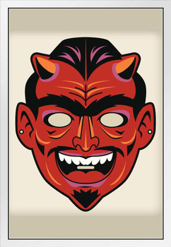 Devil Satan Vintage Mask Costume Cutout Spooky Scary Halloween Decoration White Wood Framed Art Poster 14x20