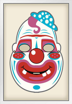 Creepy Clown Vintage Mask Costume Cutout Spooky Scary Halloween Decoration White Wood Framed Art Poster 14x20