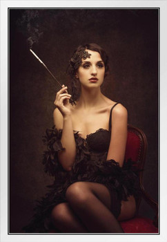 Sexy Retro Woman Smoking Cigarette in Black Lingerie Photo Photograph White Wood Framed Poster 14x20