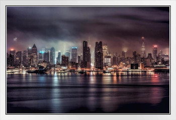 A Gotham Night Stormy New York City NYC Skyline Photo Photograph White Wood Framed Poster 20x14