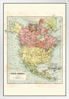 North America 19th Century Antique Style Map Travel World Map with Cities in Detail Map Posters for Wall Map Art Wall Decor Geographical Illustration Travel White Wood Framed Art Poster 14x20