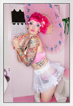 Hot Tattooed Woman Pink Glasses Holding Parasol Photo Photograph White Wood Framed Poster 14x20