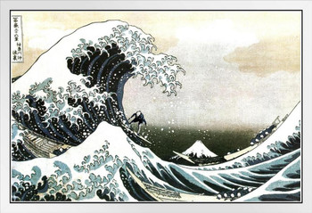 Funny Surfing The Great Wave Humor Katsushika Hokusai Poster Traditional Japanese Art Wall Decor Woodblock Art Nature Asian Art Kanagawa Print Hokusai Paintings White Wood Framed Art Poster 14x20