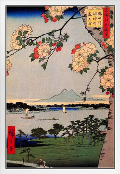 Utagawa Hiroshige Suijin Shrine and Massaki Poster Colorful Nature on the Sumidagawa River Japanese Woodblock Artwork White Wood Framed Art Poster 14x20