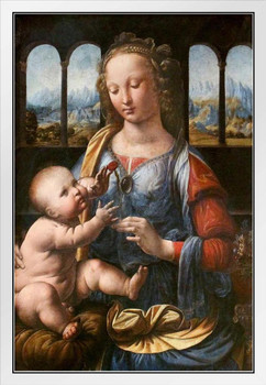 Leonardo Da Vinci Madonna Of The Carnation With Child Vase Realism Romantic Artwork Woman Davinci Drawings Portrait Oil Painting Wall Art Renaissance Posters White Wood Framed Art Poster 14x20