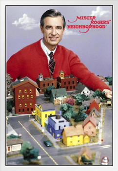 Mister Rogers Neighborhood Fred With Town Model Houses Family TV Show White Wood Framed Art Poster 14x20