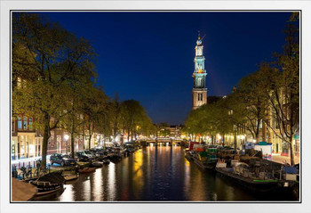 Westerkerk Church Tower At Canal Amsterdam Netherlands Photo Photograph White Wood Framed Poster 20x14