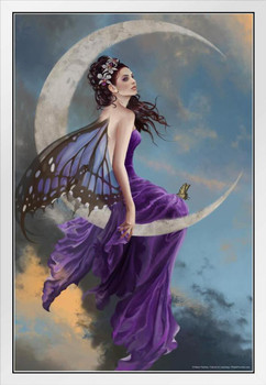 Moon Amethyst Purple Fairy by Nene Thomas Fantasy Poster Sitting On Moon Butterfly Magical White Wood Framed Art Poster 14x20