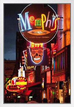 Illuminated Bar Signs on Beale Street Memphis Photo Photograph White Wood Framed Poster 14x20