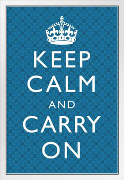 Keep Calm Carry On Motivational Inspirational WWII British Morale Blue Plaid White Wood Framed Poster 14x20