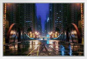 Clark Street Bridge Chicago Illinois at Night Photo Photograph White Wood Framed Poster 20x14