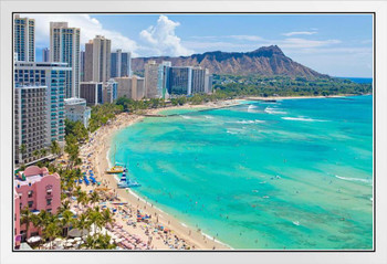 Waikiki Beach Honolulu Hawaii Photo Photograph Sunset Palm Landscape Pictures Ocean Scenic Scenery Tropical Nature Photography Paradise Scenes White Wood Framed Art Poster 14x20