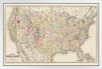 United States of America 1867 Antique Style Map Travel World Map with Cities in Detail Map Posters for Wall Map Art Wall Decor Geographical Illustration Travel White Wood Framed Art Poster 14x20