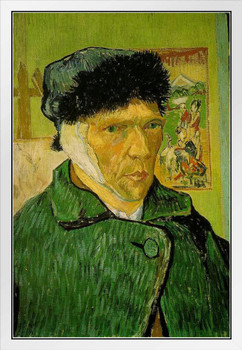 Vincent van Gogh Self Portrait Bandaged Ear Poster 1889 Face Self Picture Post Impressionist Painting White Wood Framed Art Poster 14x20