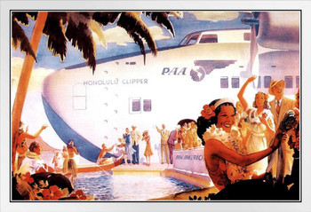 Pan American Airlines Honolulu Clipper Hawaii Tropical Vintage Travel White Wood Framed Poster 14x20