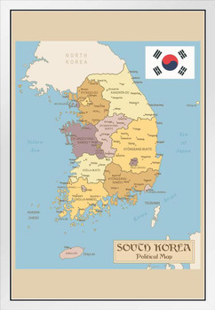 South Korea Vintage Political Map Poster Republic of Korea Provinces with Flag With North Korea Yellow Sea Of Japan Geography Map White Wood Framed Art Poster 14x20