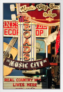 Music City Nashville Country Music Retro Signs Photo Poster TN Tennessee Bar Restaurant Photograph White Wood Framed Art Poster 14x20
