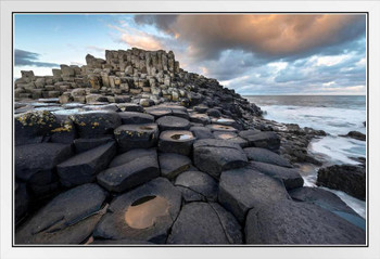 Giants Causeway Natural Basalt Stone Columns Photo Photograph Beach Sunset Landscape Pictures Ocean Scenic Scenery Volcano Nature Photography Paradise Scenes White Wood Framed Art Poster 14x20