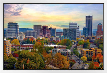 Portland Oregon Downtown Skyline in the Fall Photo Photograph White Wood Framed Art Poster 20x14