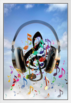 DJ Headphones Playing Colorful Musical Notes Music Poster Rock Roll Gamer Video Game Gaming White Wood Framed Art Poster 14x20
