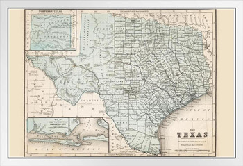 Map of Texas 1867 Antique Style Map White Wood Framed Poster 14x20